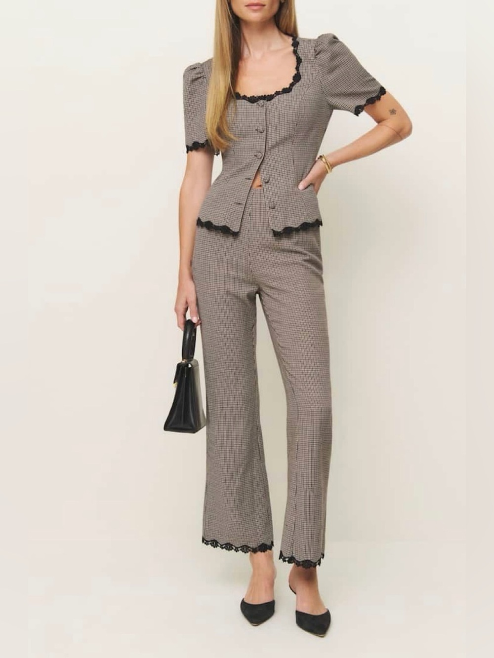 Reformation Francesca Two Piece Beige & Black Houndstooth Lace-Trim Top & Pants